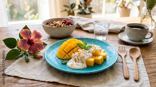 Bright Breakfast Mango and Yogurt Plate with Coffee and Fruit Bowl in Sunlit Kitchen