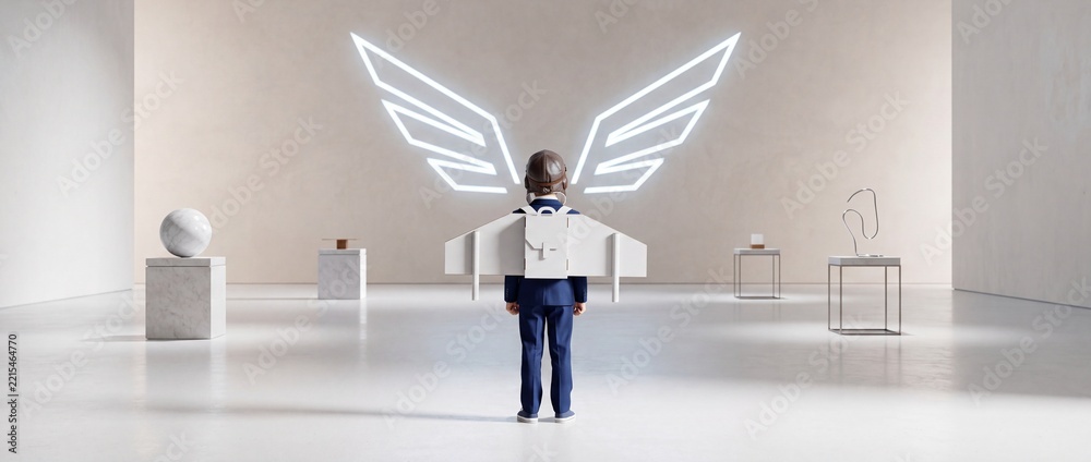 Naklejka premium Little boy in a formal suit wearing a pilot hat and toy wings standing in a modern art gallery with a glowing neon wing sign, representing childhood dreams, high ambition, and business potential