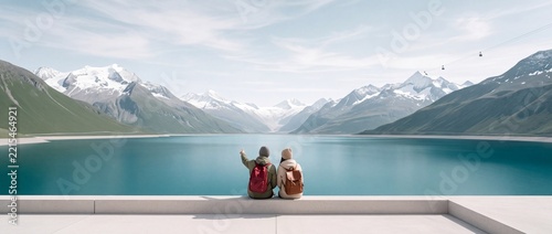 Young traveling couple with backpacks sitting on a dam wall and pointing at a breathtaking panoramic view of a turquoise alpine lake and majestic snow-capped mountains during a sunny day.