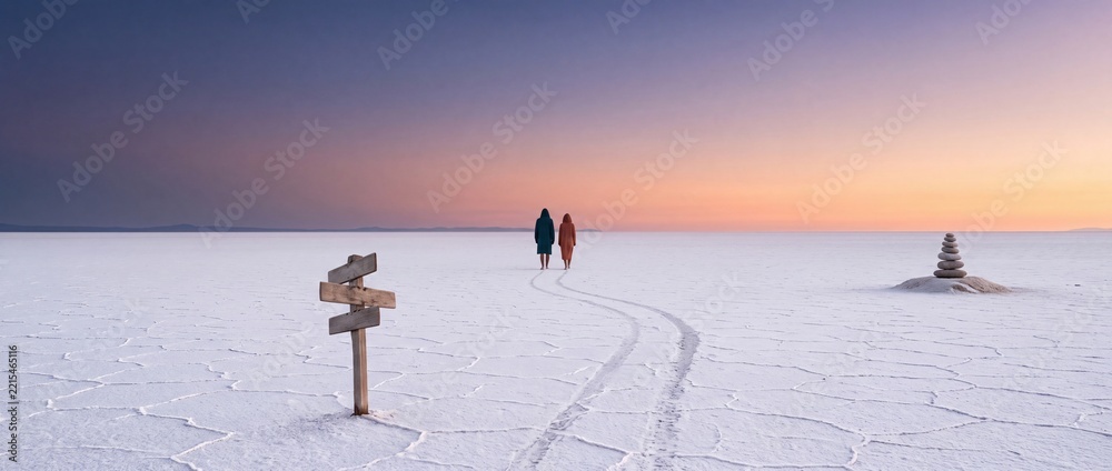 Fototapeta premium A young couple in robes walks across the vast white expanses of a salt flat desert toward the horizon at sunset, featuring a blank wooden signpost, tire tracks, and a zen stone cairn in a wide