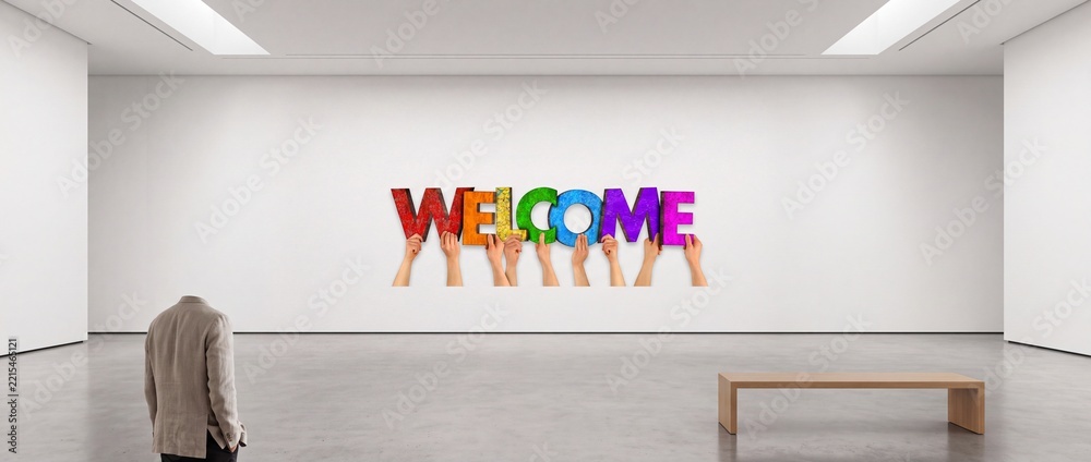 Fototapeta premium Modern Art Gallery Interior Featuring a Large Colorful Welcome Sign Held by Human Hands on a White Wall, Minimalist Museum Space with a Visitor and Wooden Bench in a Creative Concept Installation