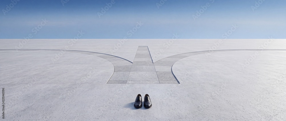 Fototapeta premium A pair of black formal leather shoes standing before a three-way fork in the road on a vast concrete pavement under a clear blue sky, symbolizing career choices, life decisions, and future paths.