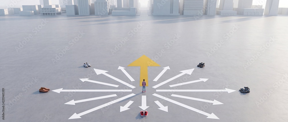 Fototapeta premium Wide angle conceptual view of a person standing at a crossroads with multiple direction arrows and different footwear types, symbolizing career choices, life paths, and decision making in a city