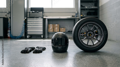 Professional racing driver gear including a helmet gloves and a high performance tire set up on a workshop floor