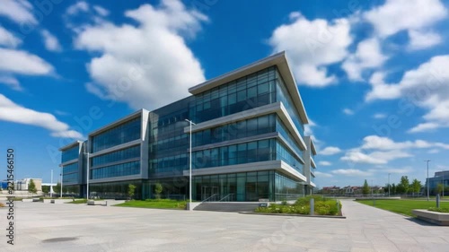 A modern glassfronted office building under a blue cloudy sky with a paved forecourt and landscaped areas