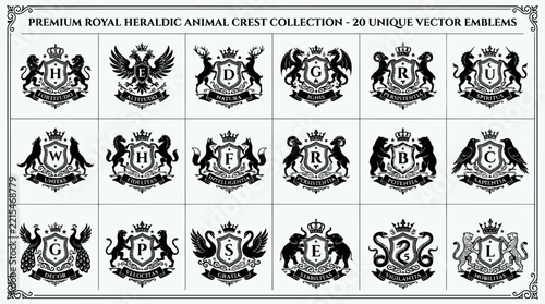 Set of premium royal heraldic animal crests featuring unique vector emblems.