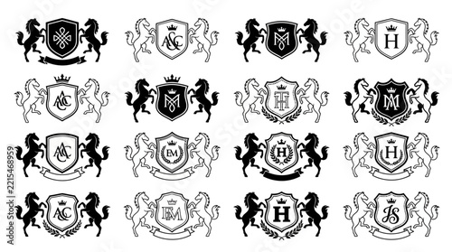 Set of luxury heraldic crests with horse supporters and royal crowns for branding.