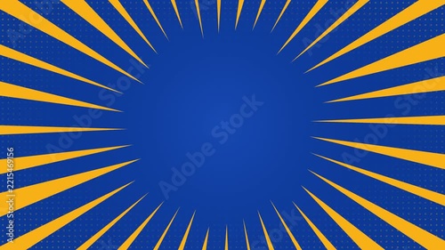 Abstract comic book style background with yellow sunburst rays on blue background