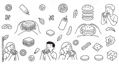 Vector illustration of smiling people eating sandwiches among various food elements like toppings, condiments, and vegetables. Ideal for food-related designs and culinary projects.
