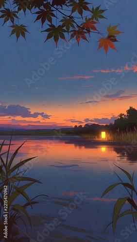 Autumn maple leaves over a quiet pond at dusk with copy space
