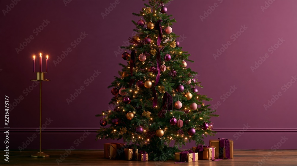 Fototapeta premium Decorated Christmas tree with glowing lights, pink and gold ornaments, ribbons, candleholder, wrapped presents, and deep plum wall in festive interior scene