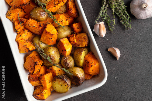 Autumn meal: oven roasted seasonal vegetables with garlic and herbs