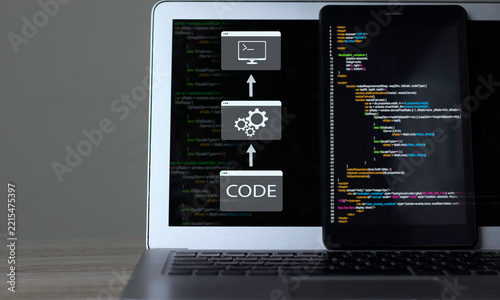 Software development pipeline and code compilation workflow with laptop screen displaying source code, build process gears, and terminal interface.