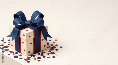 Minimalist and luxurious white gift box tied with a satin blue ribbon, resting on a clean background with scattered confetti.

