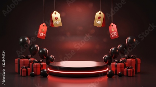  Professional product display stage with a deep red background, glowing neon lighting, and hanging discount price tags.