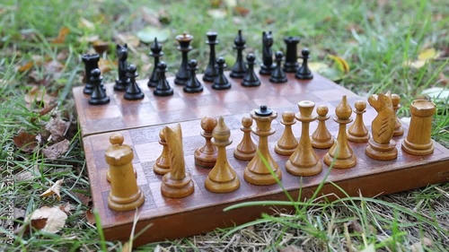 Chess game starting on a wooden board in the park