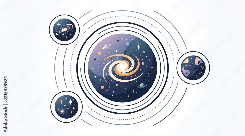 Fototapeta premium Spiral galaxy and outer space concept flat vector illustration with solar system icons on white background.