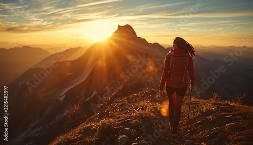 Female Hiker Walking Towards Mountain Summit at Golden Sunrise Sunset Enjoying Scenic View and Freedom