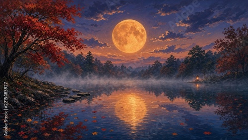 Full moon reflecting on misty autumn pond at dusk with copy space