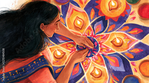 A vibrant watercolor painting illustration of a woman intricately creating a colorful rangoli design decorated with lit oil lamps (diyas) for the Diwali festival celebrations.   