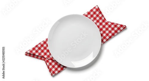 White plate on red checkered napkins.