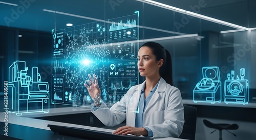 Woman in lab coat interacting with virtual interface.