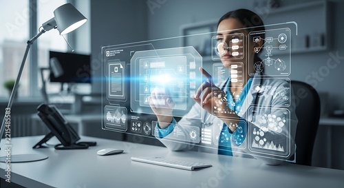 Woman in lab coat using futuristic technology.