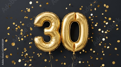 Golden 30th birthday celebration balloons with falling confetti on dark background