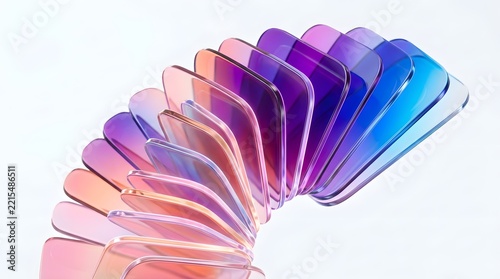 Abstract 3d render of colorful gradient glass square plates in a curved spiral formation isolated on white background