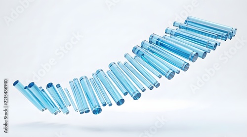 Abstract composition of transparent glass cylinders arranged in a diagonal pattern isolated on white background