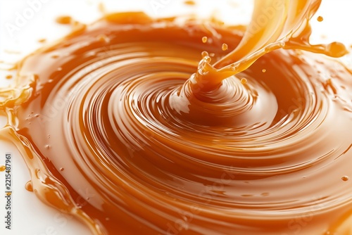 Swirled liquid caramel sauce pouring and splashing on a white background creating waves