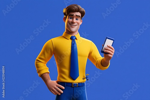 3d cartoon male character in yellow shirt and blue tie smiling while holding a mobile phone