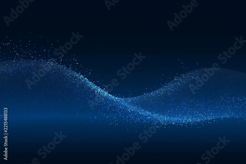 Abstract blue wave background with glowing particle sparkles and dynamic light flowing curves