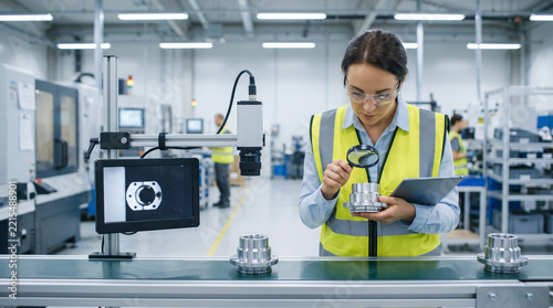 Female quality inspector examining precision parts in modern manufacturing facility with copy space