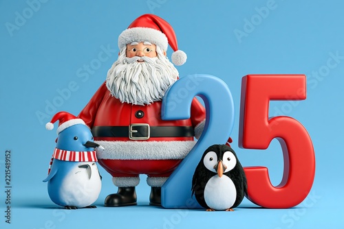 Santa claus character standing next to a big number twenty five with two cute penguins