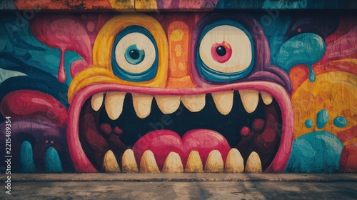 A vibrant, cartoonish monster face painted on a wall, with wide eyes and a gaping mouth
