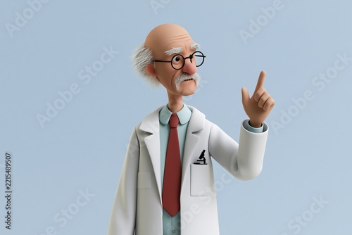 3d cartoon scientist character wearing white coat and red tie pointing upward against a blue background