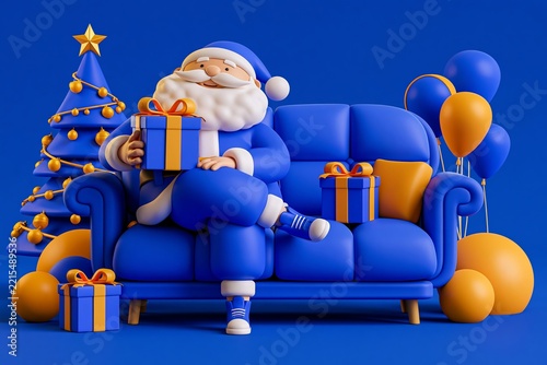 3d santa claus sitting on a blue sofa surrounded by festive presents and balloons