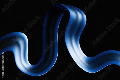 Abstract flowing blue liquid ribbon shape isolated against a dark black background setting