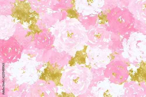Abstract watercolor painting background with pink and white roses and gold foil texture flecks