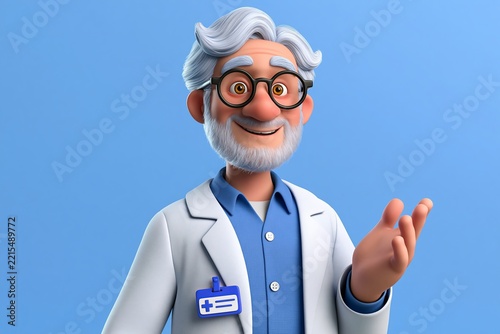 Friendly 3d doctor with glasses and lab coat gesturing on solid blue background