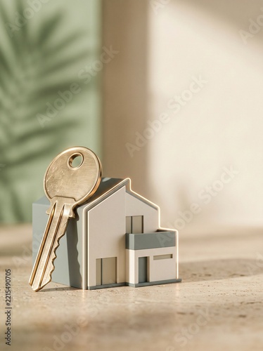 Miniature modern house model with brass key on stone surface, real estate purchase and home ownership concept