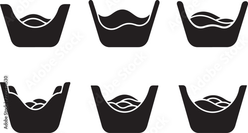Vector silhouette collection depicting diverse liquid states and flow within containers. Abstract graphic icons illustrating fluid levels and movement