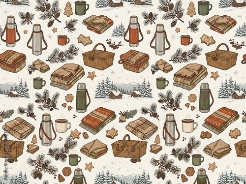 Winter camping pattern with rustic cabins picnic baskets thermos bottles and warm cozy blankets.
