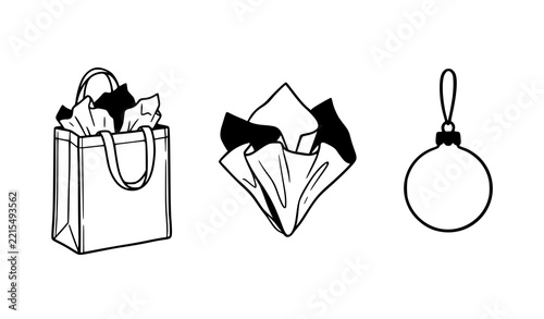 Set of festive christmas gift bag and simple round holiday tree ornament line art icons with black white paper bag shopping bag christmas ornament celebration shopping minimalist