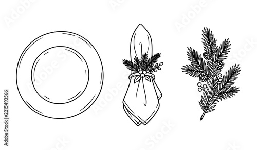 Minimalist hand drawn line art icons of a dinner plate a festive napkin ring and a pine branch with black white fir branch christmas table setting decoration illustration minimalist