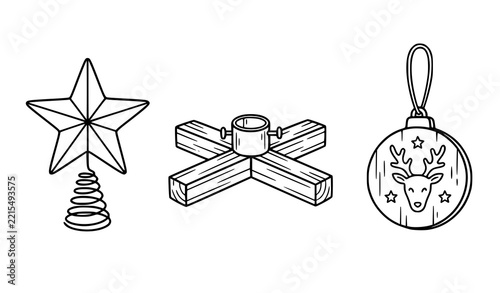 Collection of holiday line art icons including a star tree topper a wooden tree stand and a rustic reindeer ornament with tree decor black white christmas tree christmas decoration