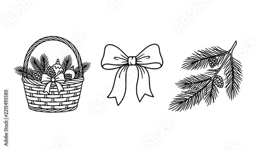Set of black and white line art illustrations of a holiday wicker basket a decorative bow and a pine branch with cones christmas basket holiday elements vector illustration monochrome