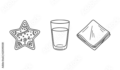 Hand drawn line art icons of a star shaped holiday cookie a glass of milk and a folded napkin with black white snack time christmas illustration seasonal isolated new year celebration