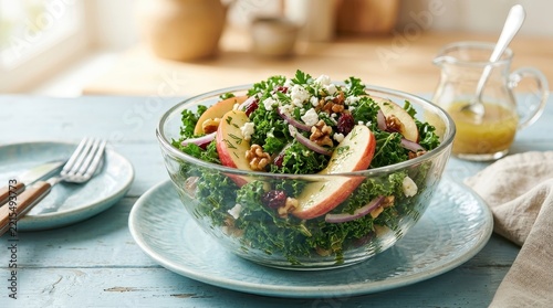 Vibrant Kale and Apple Salad with Feta and Walnuts in a Glass Bowl on a Blue Wooden Table